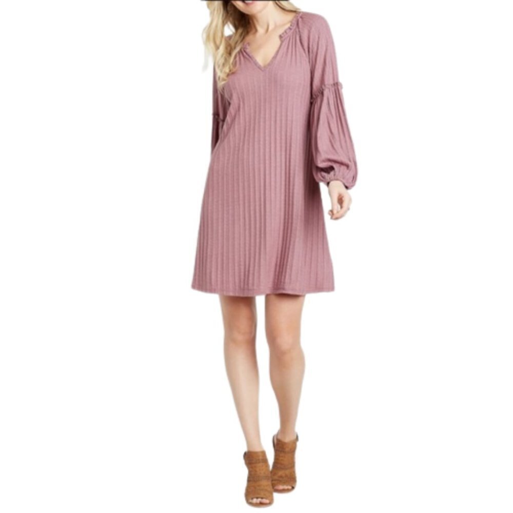 Maurices Pink Ribbed Blouson Sleeve Shift Dress Bohemian Neutral Size Medium